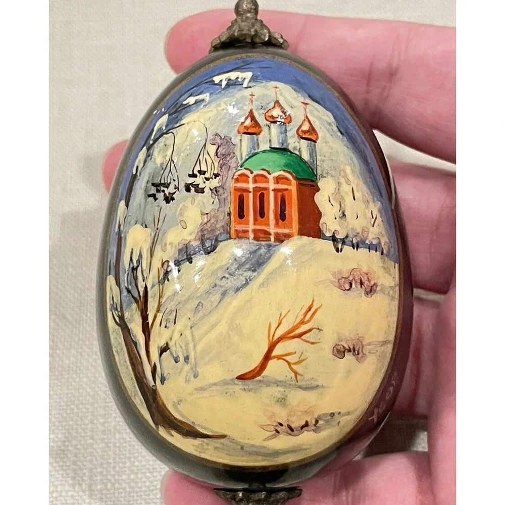 Vintage Russian Hand Painted Lacquer Egg Winter Orthodox Church‎ Signed Usov